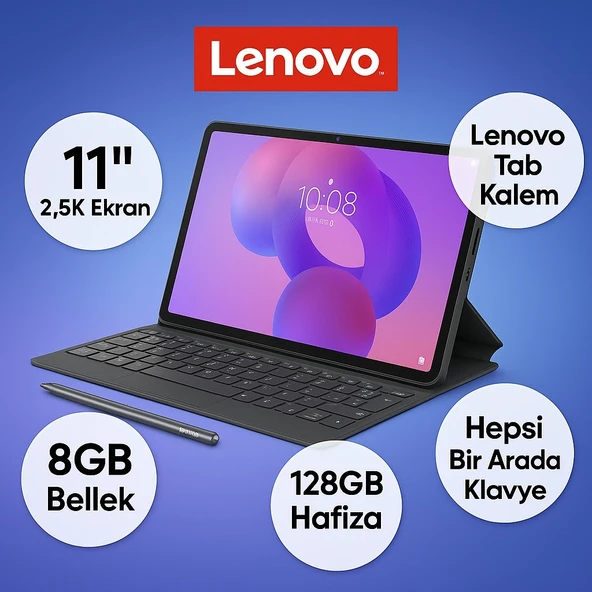 Lenovo Idea Tab Tablet - Dokunmatik 11INÇ 2.5k 90Hz Mat Ekran - 8gb Bellek - 128GB Depolama - Dolby Atmos® Hoparlörler + Lenovo Tab Kalem + Hepsi Bir Arada K ürün görseli 1