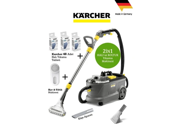 Karcher Puzzi Premium Set Halı Koltuk Yıkama Makinesi-Deterjan Kullanılabilir Yüksek Güçlü Halı ve Zemin Yıkama +Köşe Aparatı +Karcher 48 Adet Yıkamalı Deterj ürün görseli 1