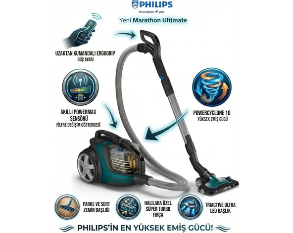 Philips Kumandalı ve Sersörlü Otomatik Açılıp Kapanan Marathon Ultimate LED Işıklı Başlığı Ile Gizli Tozları Göstere Powercyclone 10 Teknolojili En Üst Segmen ürün görseli 1