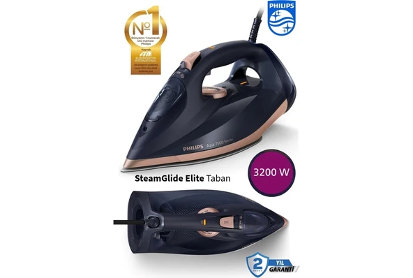 Philips 7500 Serisi Azur Buharlı Ütü 3200W, 55G/DK Sürekli Buhar, 260G Şok Buhar, Otomatik Kapanma +Hav&tüy Toplayıcı ürün görseli 1