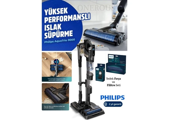 Philips Aqua Trio Islak & Kuru ve Mop Özellikli Kendini Temizleyen Dikey Süpürge +Yedek Filitre ve Fırça Temizlik Seti ürün görseli 1