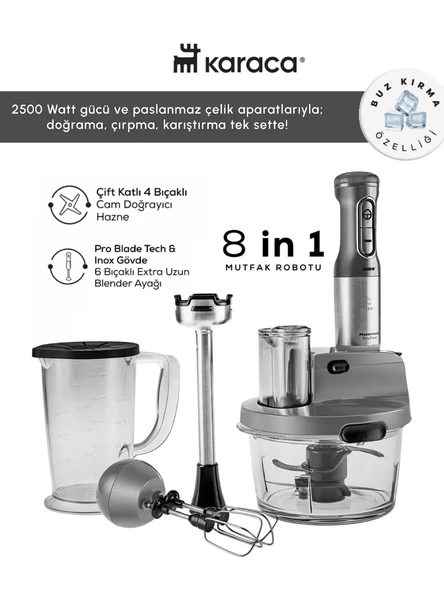 Karaca Mastermaid ProSteel 2500W 6'sı 1 Arada Cam Hazneli Mutfak Robotu + Mutfak Tartısı hediyeli ürün görseli 1
