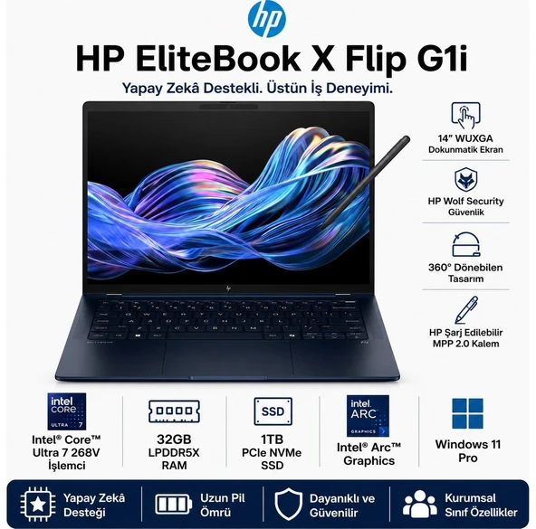HP Elitebook x Flip G1I 14 Inç Wuxga IPS Dokunmatik Iş Laptopu, Core Ultra 7 268V, 32GB Ram, 1tb Ssd, Windows 11 Pro, Arc Grafik, Dönüştürülebilir Bilgis ürün görseli 1