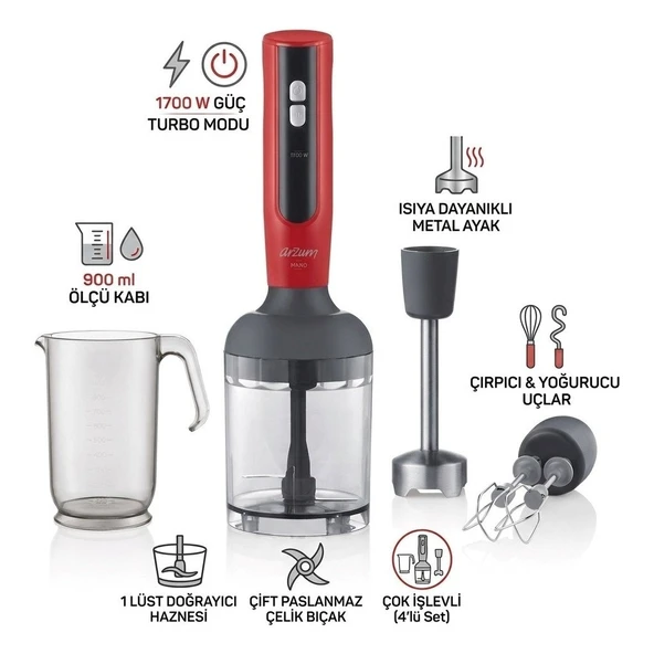 Arzum Mano AR1092 1700 Watt Güçlü Motor El Blender Set 800ML Doğrayıcı Hazne Çırpıcı Aparatlı 3 Yıl Garanti ürün görseli 1