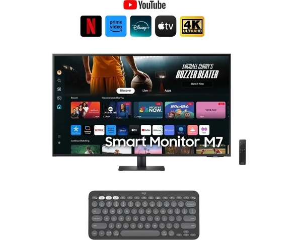 Samsung Smart Monitor Tv 43" 109 Ekran- 4K Ultra Hd Görüntü Kalitesi ve Şık Ince Tasarım+Logitech Kablosuz Klavye+Hareketli Askı Aparatı ürün görseli 1