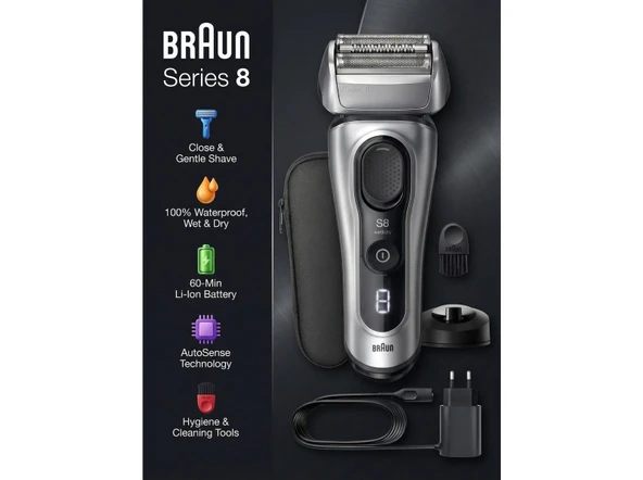 Braun Günlük Sakal Kesimi Için Özel Geliştirilmiş Islak ve Kuru Kullanıma Uygun Çelik Folyo Başlıklı Hızlı Şarjlı 2 Parça Erkek Tıraş Makinesi Series 8 ürün görseli 1