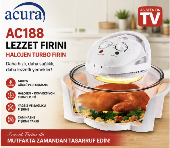 Acura AC188 Halojen Lezzet Fırını Cam Turbo Fırın 1400W Konveksiyonlu Sağlıklı Pişirici ürün görseli 1