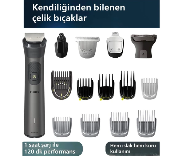 Philips Saç Sakal Vücut Kulak ve Burun Bakımı Için Çelik Bıçaklı Islak Kuru Kullanımlı Ergonomik Tasarımlı Yüksek Hassasiyet Sağlayan 15 Parça Şarjlı Erkek Ba ürün görseli 1
