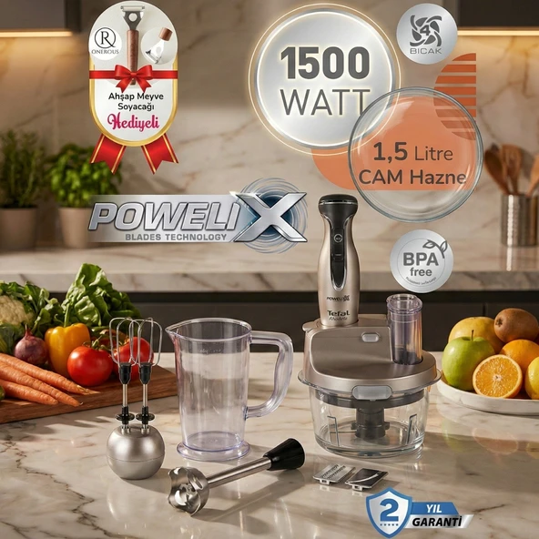 TEFAL Dilimleyici ve rende 4 Bıçaklı Powelix 1500W Güç 1,5 Litre Cam Hazneli Mutfak Robotu + Hassas Mutfak Tartısı ürün görseli 1