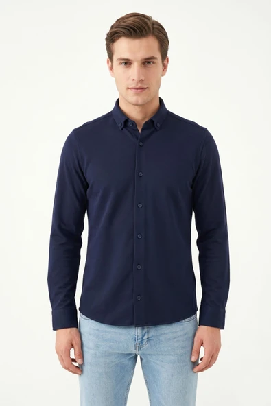 Erkek Spor Slim Fit Uzun Kol Petek Dokulu Gömlek BGL-ST05482 ürün görseli 1