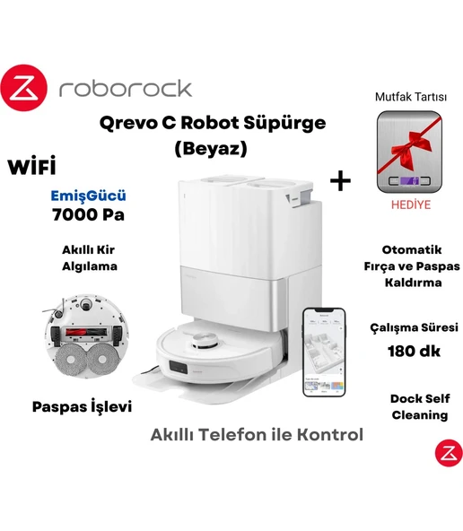 Roborock Qrevo C Robot Süpürge Beyaz+ Hassas Mutfak Tartısı Hediye ürün görseli 1