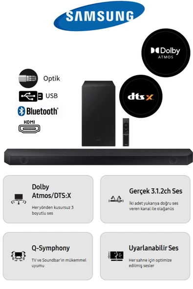 Samsung Q-Symphony, maksimum akustik etki Q Serisi Dolby Atmos ve DTS:X özellikli 360Waat Premium SOUNDBAR ürün görseli 1