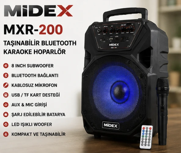 Midex MXR-200 Bluetooth Taşınabilir Karaoke Hoparlör Kablosuz Mikrofonlu Şarjlı Speaker ürün görseli 1