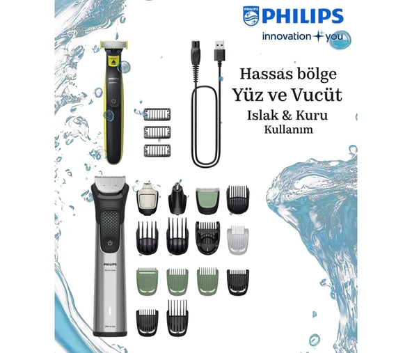Philips 9000 Serisi Saç Sakal Vücut Kulak ve Burun Hepsi Bir Arada Islak Kuru Kullanımlı 16 Parça Profesyonel Erkek Bakım Seti+ One Blade + Taşıma Çantası ürün görseli 1