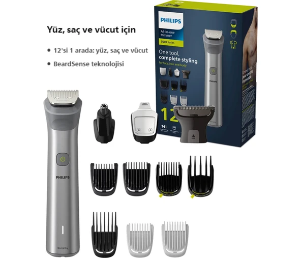 Philips Saç Sakal Vücut Kulak ve Burun 5 Dakikada Hızlı Şarj Su Geçirmez Islak Kuru 12 Parça Erkek Bakım Seti Series 5000 ürün görseli 1