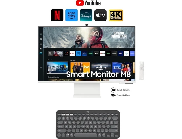Samsung Airplay Desteği Apple-Android Kablosuz Bağlantı 32 Inç 4K Akıllı-Smart Monitör Tv M8 M80C Beyaz Slim Tasarım Premium Gövde+ Logitech Kablosuz Klavye ürün görseli 1