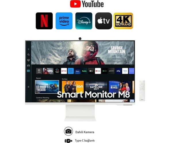 Samsung Kameralı Akıllı, Zarif Premium Tasarım 32'' 4K Mükemmel Görüntü Kalitesi Hepsi Bir Arada Akıllı Tv-Monitör + Onerous Hareketli Askı Aparatı ürün görseli 1