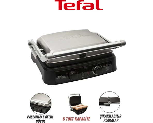 Tefal Grill Gourmet Minute 2000 Watt Inox Tost Makinesi 6 Dilim Kapasiteli Döküm Malzeme ile Modern Tasarım ürün görseli 1