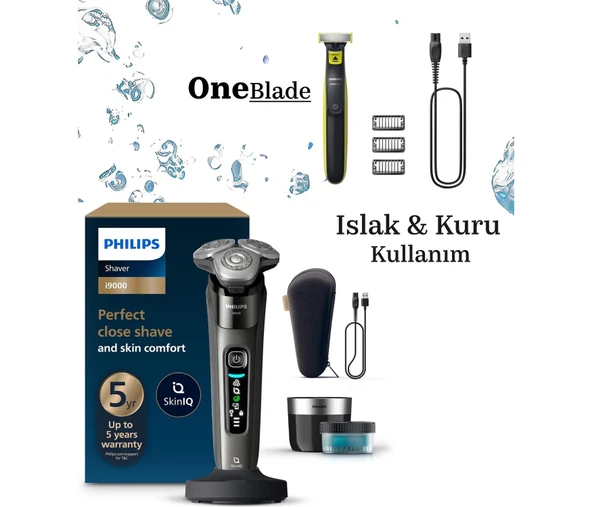 Philips 9000 Serisi Sıfır Tıraş ve One Blade Islak ve Kuru Kullanıma Uygun Döner Başlıklı Çelik Bıçaklı Hızlı Şarjlı 3 Parça Erkek Bakım ve Tıraş Makinesi ürün görseli 1