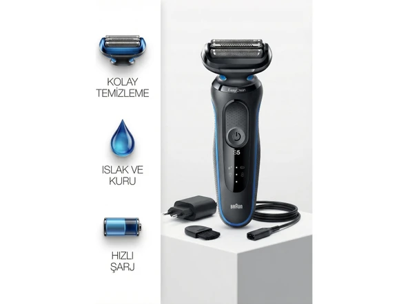 Braun Sıfır Tıraş Su Geçirmez Islak ve Kuru Kullanıma Uygun Ergonomik Tutuşlu Şarjlı 2 Parça Tıraş Makinesi Series 5 ürün görseli 1