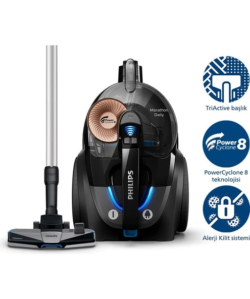 Philips 7000 Serisi Marathon Daily Torbasız Elektrikli Süpürge, 750W, PowerCyclone 8, Alerji Kilit Sistemi, CarpetClean Başlık, XB7150/07 ürün görseli 1