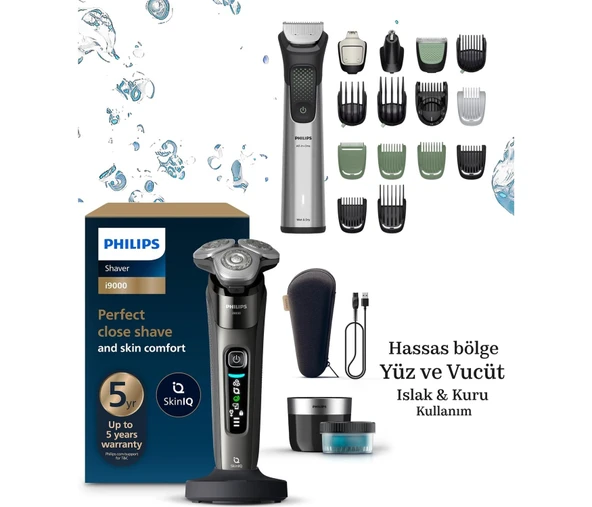 Philips Series 9000 Sıfır Tıraş ve Saç Sakal Vucüt Kulak Burun Erkek Bakım Seti Döner Başlıklı Çelik Bıçaklı Hızlı Şarjlı 3 Parça Erkek Bakım Tıraş Makinesi ürün görseli 1