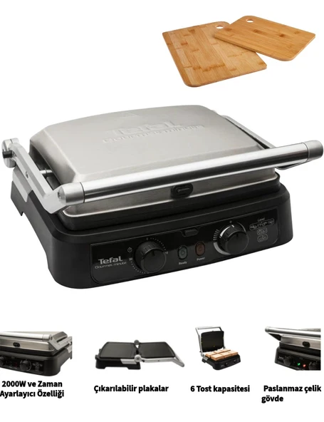 Tefal Grill Gourmet Minute Tost Makinesi ve Izgara 2000 Watt Inox Paslanmaz Çelik 6 Dilim Kapasiteli + Hediye Doğal Ahşap Kesme Tahtası Seti ürün görseli 1