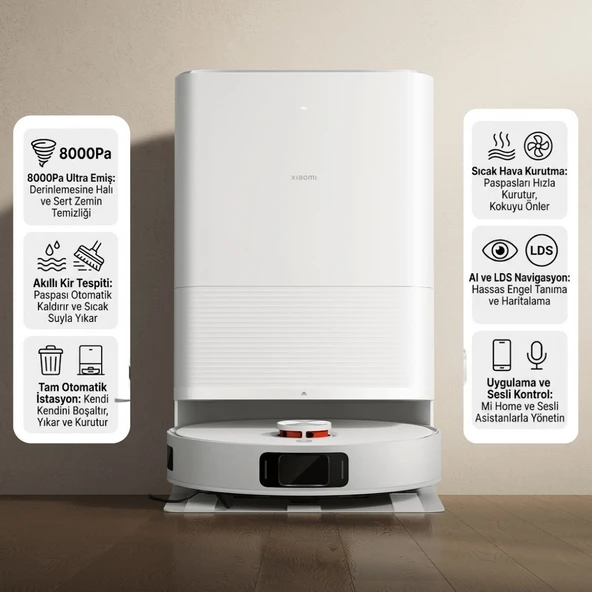 Xiaomi Halı Tanıma Paspas Kaldırma Yıkama ve Kurutma Özellikli ve Akıllı Istasyonlu Beyaz Hepsi Bir Arada Robot Süpürge 7000PA X20 Pro Wifi Kontrol ürün görseli 1