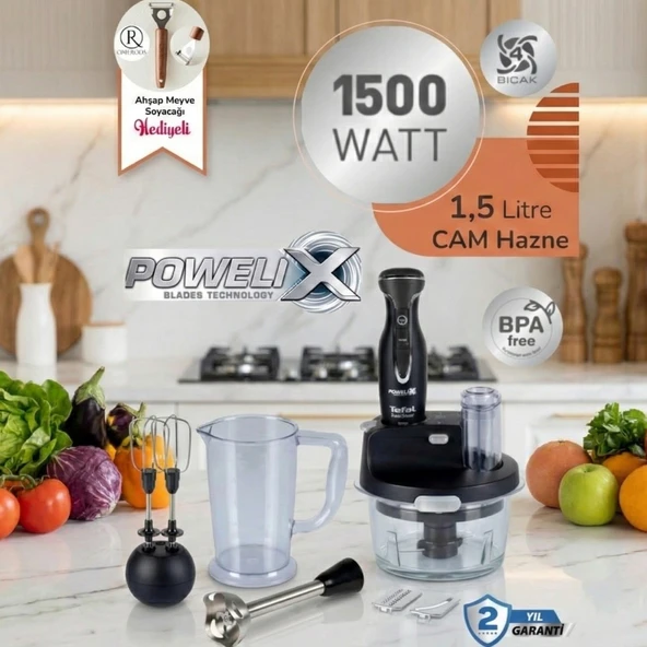 Tefal 1500W Yüksek Güç 1,5 Litre Cam Hazneli Buz Kırıcı Dilimleyici ve Rende 4 Bıçaklı Powelix Doğrayıcı Mutfak Robotu ürün görseli 1