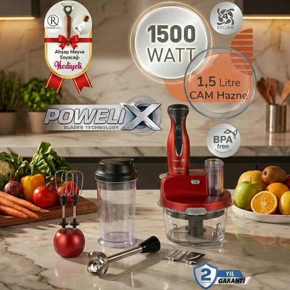 Tefal Dilimleyici ve Rende 4 Bıçaklı Powelix 1500W Güç 1,5 Litre Cam Hazneli Mutfak Robotu + Hassas Mutfak Tartısı ürün görseli 1