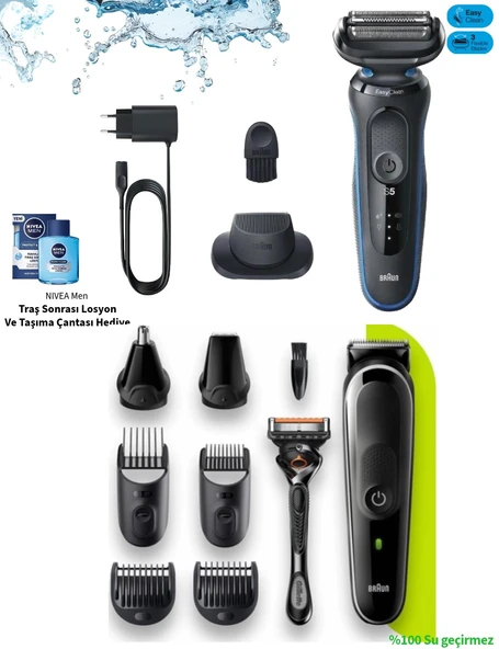 Braun Su Geçirmez Yıkanabilir Duşta Kullanılabilir Erkek Bakım Tıraş ve Saç Şekillendirici + Losyon+Taşıma Çantası ürün görseli 1