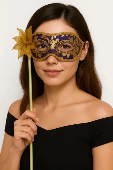 Lüks Taşlı Saplı Maskeli Balo Maskesi Mor Renk 35 Cm ürün görseli 1