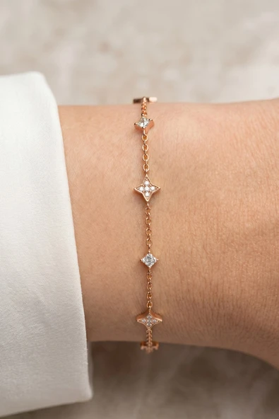 925 Ayar Gümüş Bileklik Rose Gold Kuzey Yıldızı Işıltılı Baget Taşlı Kadın Bileklik SGTL13379ROSE ürün görseli 1