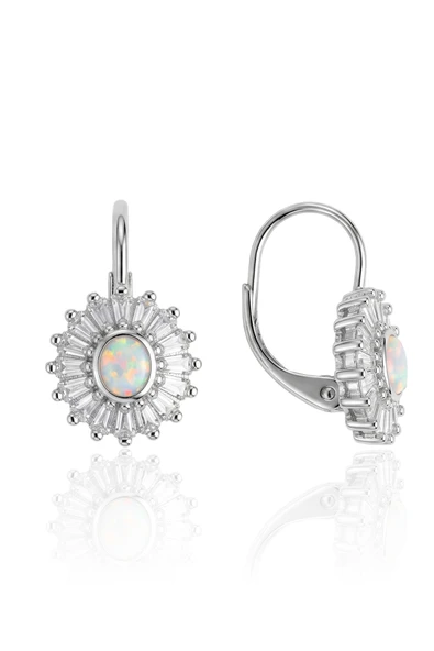 925 Ayar Gümüş Küpe Oval Opal Taşlı Zirkon Baget Çerçeveli Güneş Modeli Işıltılı Kadın Küpe SGTL13377RODAJ ürün görseli 1
