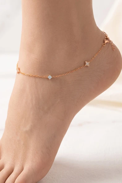 925 Ayar Gümüş Halhal Rose Gold Kuzey Yıldızı Işıltılı Baget Taşlı Kadın Halhal SGTL13378ROSE ürün görseli 1
