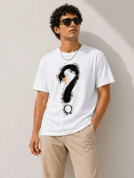 Erkek Kuğu Figürlü Soru İşareti Baskılı Tişört Kısa Kol T-Shirt - Beyaz ürün görseli 1