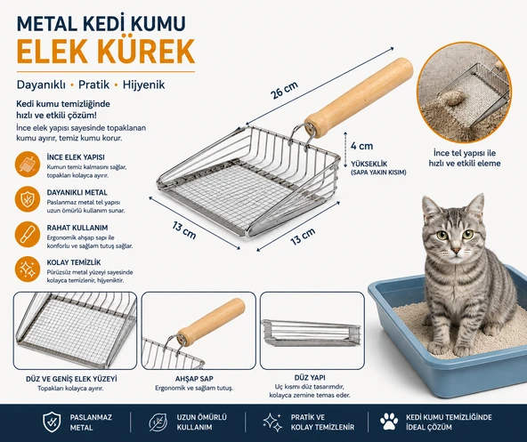 Metal Kedi Kumu Elek Kürek Ahşap Saplı Paslanmaz Kum Küreği 26 cm ürün görseli 1