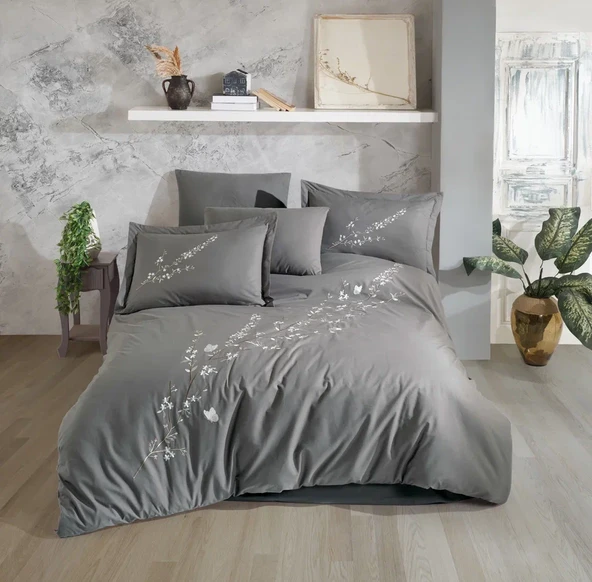 Çift Kişilik Poplin Premium Nakışlı Nev Vera Gri ürün görseli 1