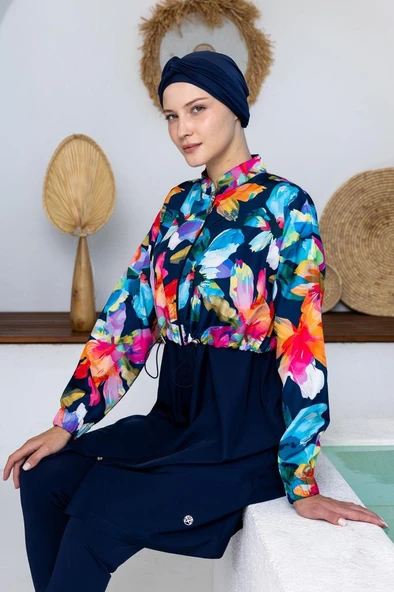 Maresiva 262407 Monroe Paraşüt Kumaş Lycra Uzun Kollu Lacivert Tam Boy Tesettür Mayo ürün görseli 1