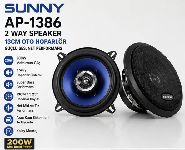 Sunny AP-1386 13CM 200W Oto Hoparlör Çiftli 2 Way Araç Speaker ürün görseli 1
