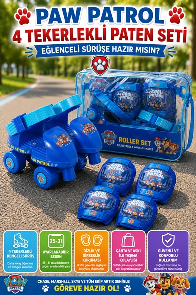 PAW Patrol Çantalı 4 Tekerlekli Ayarlanabilir Çocuk Paten Seti 25-31 Korumalı Mavi ürün görseli 1