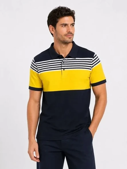 Erkek Pike Kumaş Çizgili Polo Yaka Tişört Kısa Kol Yazlık T-Shirt - Lacivert ürün görseli 1