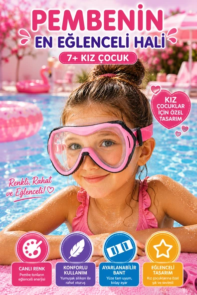 Pembe Çocuk Deniz Havuz Dalış Maskesi Tempered Cam Tek Silikon Ayarlı Yüzücü Maskesi 7+ Yaş ürün görseli 1