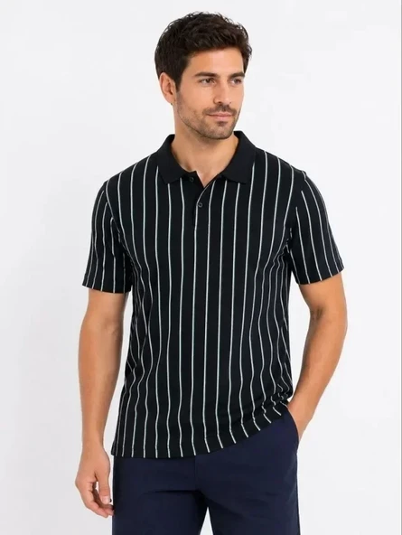 Erkek Pike Kumaş Çizgili Polo Yaka Tişört Kısa Kol Yazlık T-Shirt - Siyah ürün görseli 1