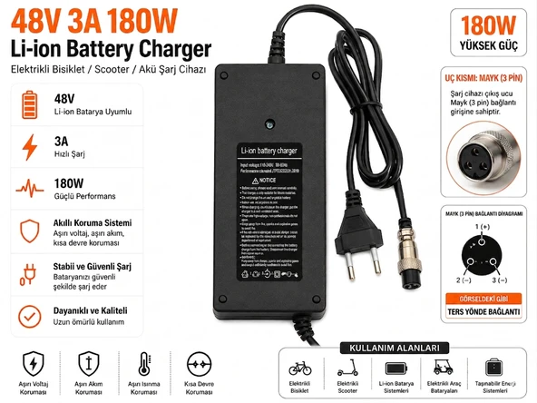 48V 3A 180W MAYK UÇLU Li-ion Batarya Şarj Cihazı MAYK UÇ Elektrikli Bisiklet Scooter Akü Adaptörü ürün görseli 1