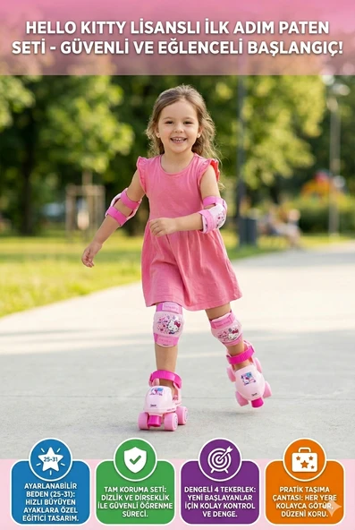 Hello Kitty Çocuk Paten Seti Ayarlanabilir 4 Tekerlek Dizlik Dirseklik Pembe Çanta 25-31 Lisanslı ürün görseli 1