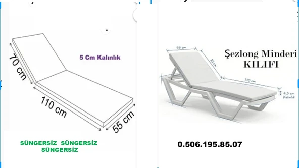 Şezlong Minderi Kılıfı Kumaş 180-55-5 cm Yıkanır Silinir Arkası Kuşaklı Fermuarlı Gri ürün görseli 1