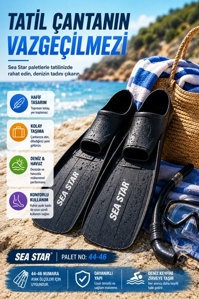 Siyah Sea Star Deniz Paleti 44-46 Tam Ayak Siyah Yüzme Şnorkel Dalış Paleti Yetişkin Unisex ürün görseli 1