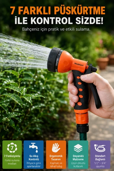 7 Fonksiyonlu Bahçe Sulama Tabancası Ayarlanabilir Su Püskürtme Başlığı Ergonomik Tutuşlu ürün görseli 1