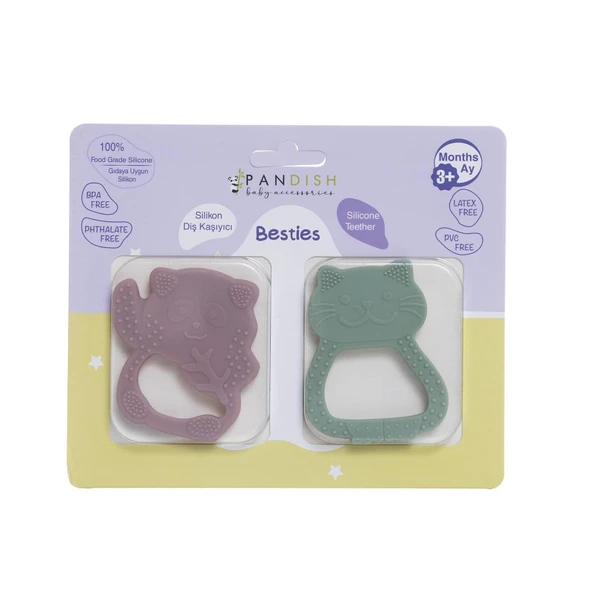 Besties Silikon Diş Kaşıyıcı Pembe Panda & Yeşil Kedi (5 ADET) ürün görseli 1